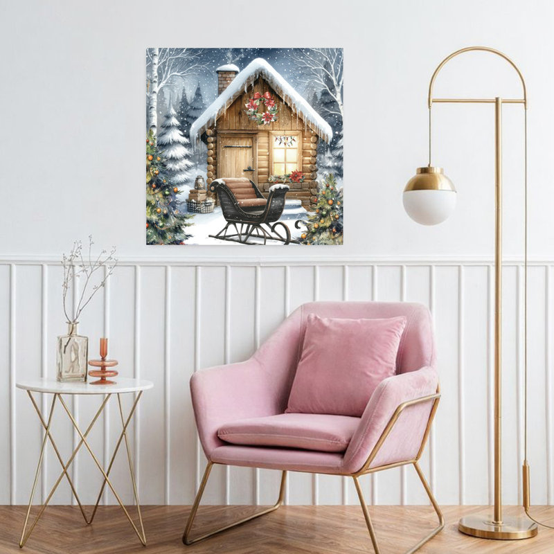 Cabane de Noël avec traîneau et art de Noël d'hiver, H 32 po x l 32 po