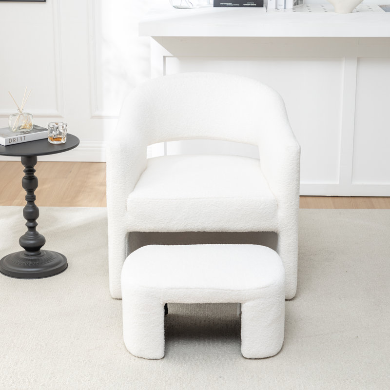 Fauteuil demi-tonneau avec repose-pieds, Fausse fourrure blanche