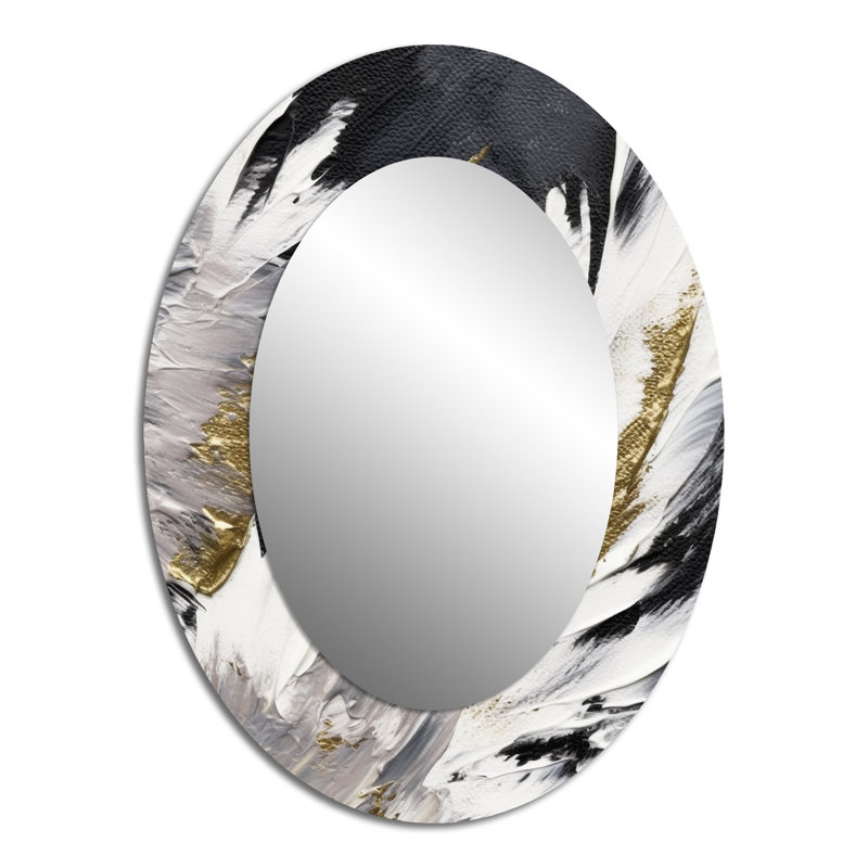 Wild Wave Bliss Abstract Gold White Black VIII - Gold Modern Oval Wall Mirror, 40" x 30"