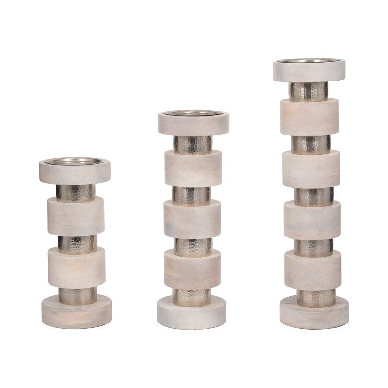 Foxx Modern Neutral Hollis Wood Candle Sticks, Set of 3 - 6" x 6" x 22", Beige/Silver
