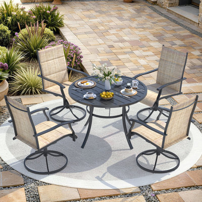 5 Piece Patio Dining Set, Outdoor Dining Table And Chairs Set For 4, 4 Swivel Chairs, 1 Iron Round Table With Adjustable Umbrella Hole, Patio Furniture Set For Deck, Backyard, Lawn, Poolside