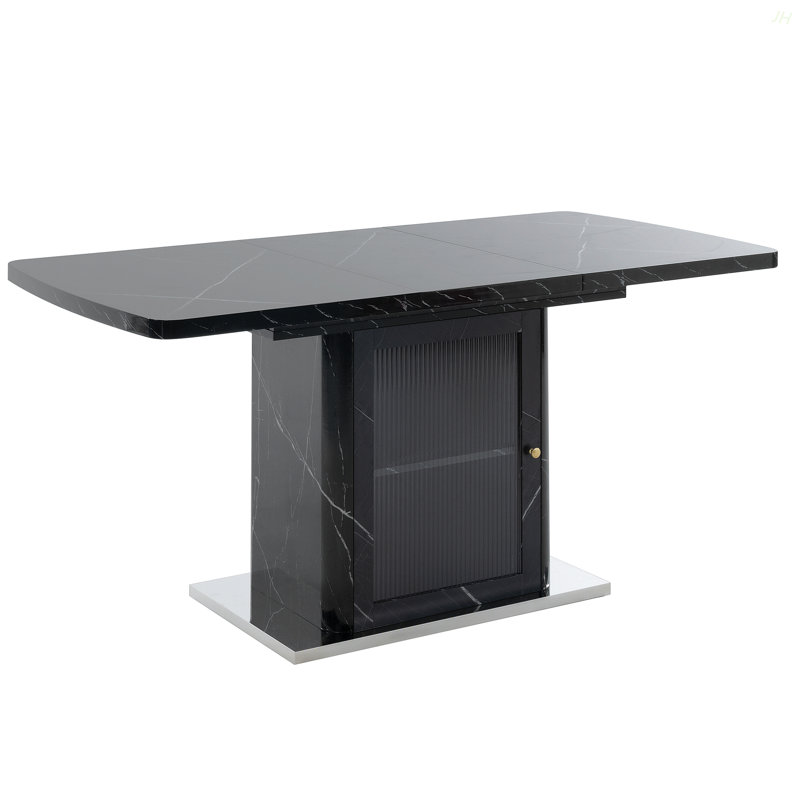 47.24"-63"Modern Rectangle Dining Table, Stretchable, With Printed Black Marble Table Top+Storage Cabinet Table Leg With Metal Base