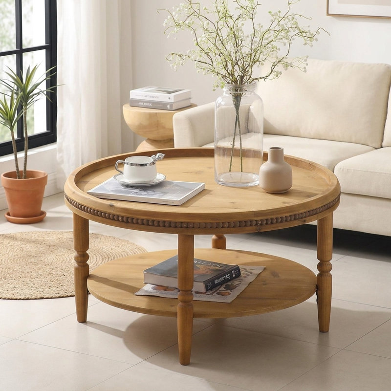 Table basse bohème rustique FFZ 31,3 po à 2 niveaux avec tablette de rangement et pieds en bois massif