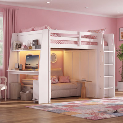 Full Size High Wooden Loft Bed with Built‑in Desk, LED Lights, Storage Shelves and Double‑Door Wardrobe Closet, White