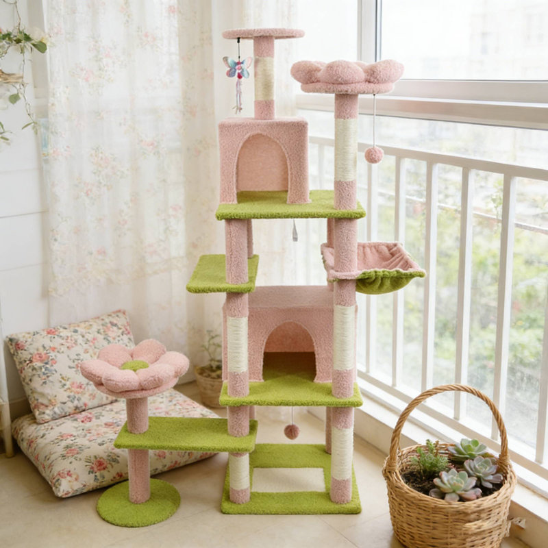 Arbre à chat de 71 pouces avec fleur rose, grand hamac à coussins amovibles pour chats d'intérieur, Rose