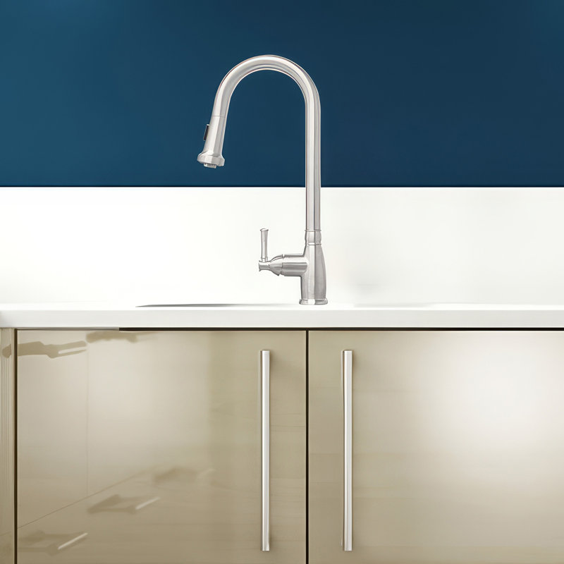 Whitehaus Collection Stainless Steel Single Lever Gooseneck Kitchen Faucet with Pull-down Spray Head, BRUSHED STAINLESS STEEL