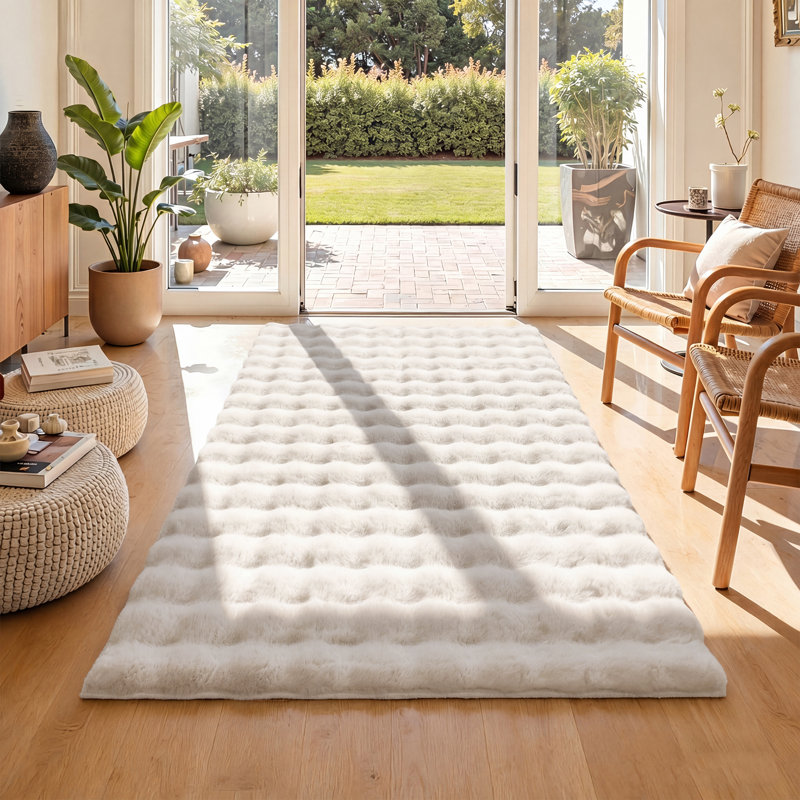 Tapis antidérapant en fausse fourrure de lapin, Rectangulaire 3 pi x 5 pi, Blanc