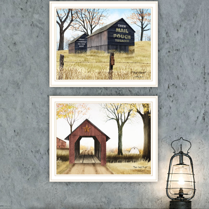 2 œuvres d'art pour la décoration murale: Barn & Buck County Bridge, impressions encadrées en blanc. 18 po x 1 po x 14 po, 5 lb. Fabriqué dans toutes les pièces: décor multicolore