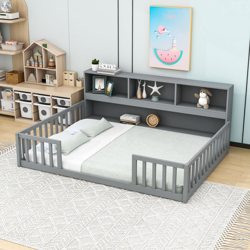 Floor bed with side bookcase and shelves, gris, Double