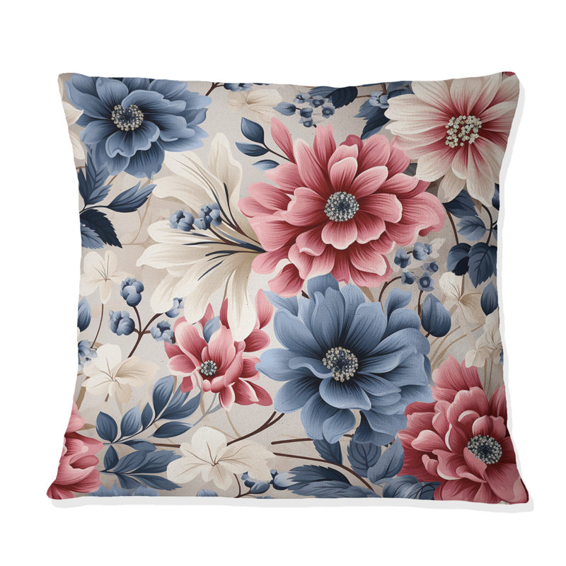 Coussin décoratif imprimé floral rose et bleu, H 18 po x l 18 po