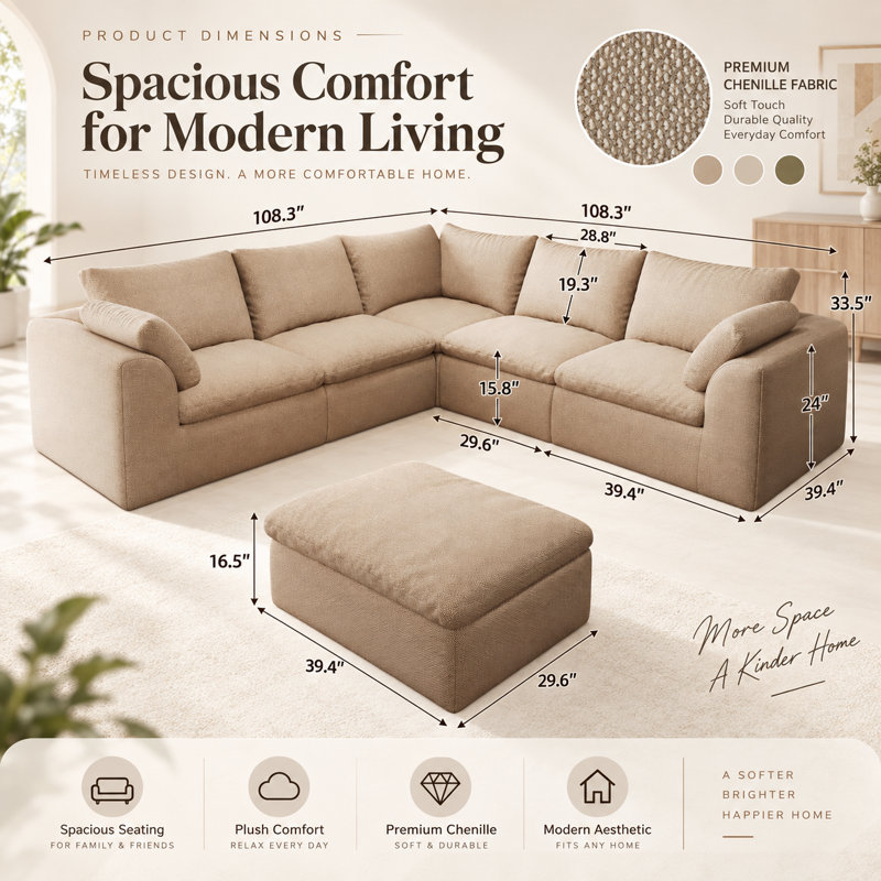 Upholstered 108.3 " Chenille L-Shaped Seating Component with Ottoman, khaki