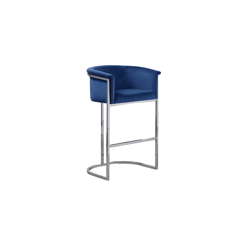 Maheer 24" Counter Stool in Velvet Upholstery and Chrome Base (Single Chair), Navy Blue, Chrome