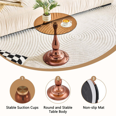 Petite table d'appoint en métal avec plateau en verre trempé, base moderne en or rose, parfaite pour les salons et les chambres