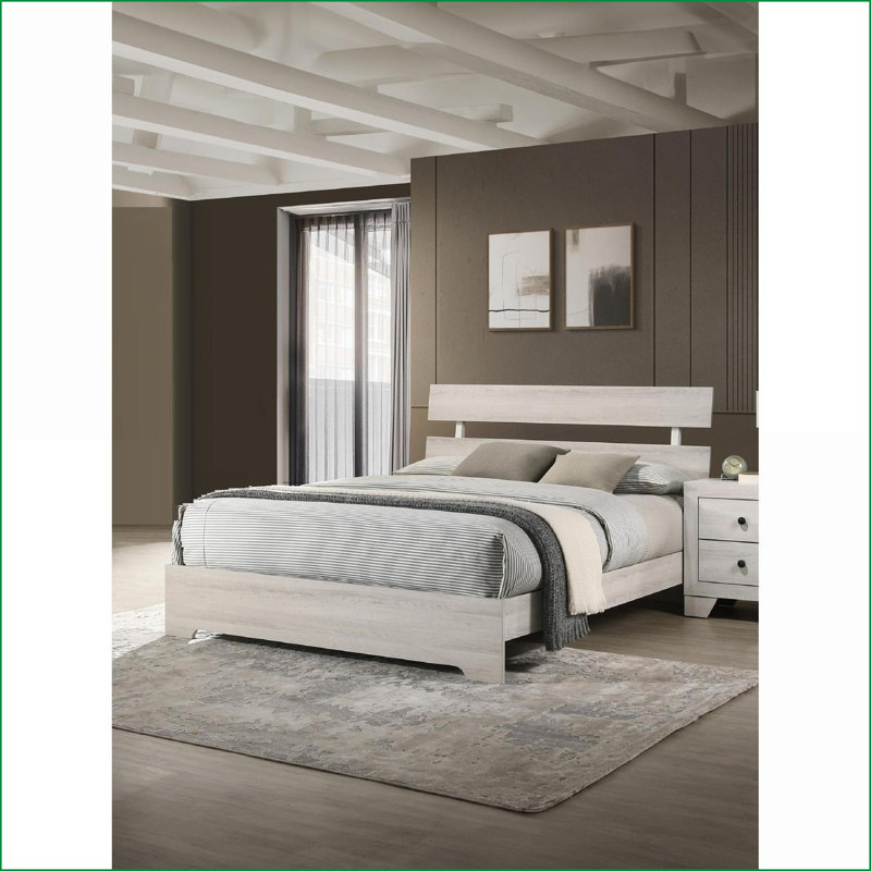 Structure de lit double pleine grandeur à profil bas en bois - Finition blanc délavé, mobilier de chambre contemporain rustique, aucun sommier requis