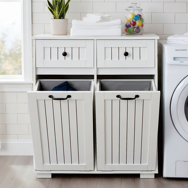Armoire à linge double, panier à linge en bois pour salle de bain inclinable