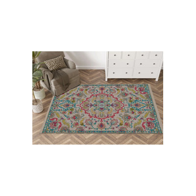 Multi-Coloured Traditional Motif Ethnic Patterned Vintage Decorative Rug