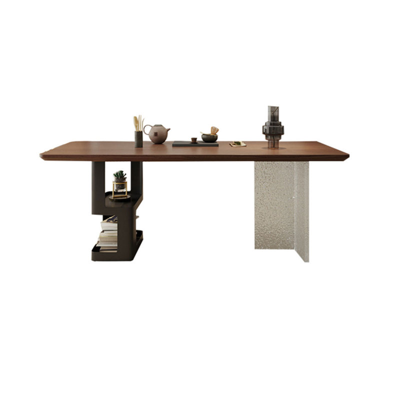 Tan+Black+Clear Rectangular Solid Wood+Iron+Acrylic desk, 29.53" H x 62.99" W x 27.56" D