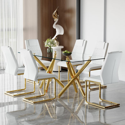 71" Tempered Glass Dining Table Set For 6-8, Gold Metal Base Dining Room Table Set With Waterproof PU Leather Kitchen Table Chairs
