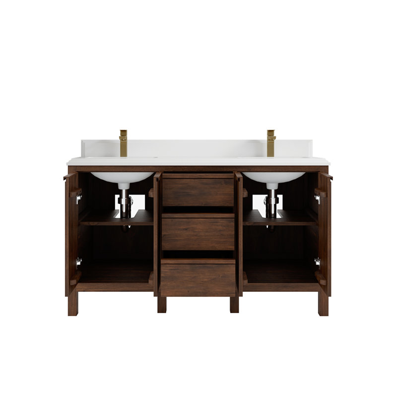 Ensemble de meuble-lavabo double 60 po Teak, Blanc