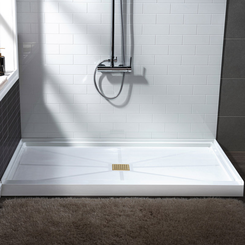 60" x 36" Solid Surface Single Threshold Shower Pan Base with Drain Assembly & Drain Cover Included, Non-Slip, Center