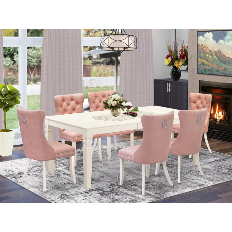 Ensemble de salle à manger 7 pièces comprenant une table rectangulaire avec rallonge amovible et 6 chaises rembourrées, lin blanc