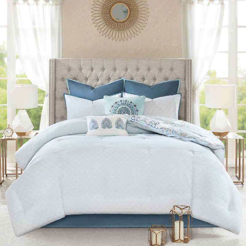 Édredon réversible en coton bleu très grand - 8 pièces, imprimé floral avec médaillon, comprend des taies décoratives européennes et des coussins décoratifs en pièce réversible, imprimé botanique, coussins brodés,