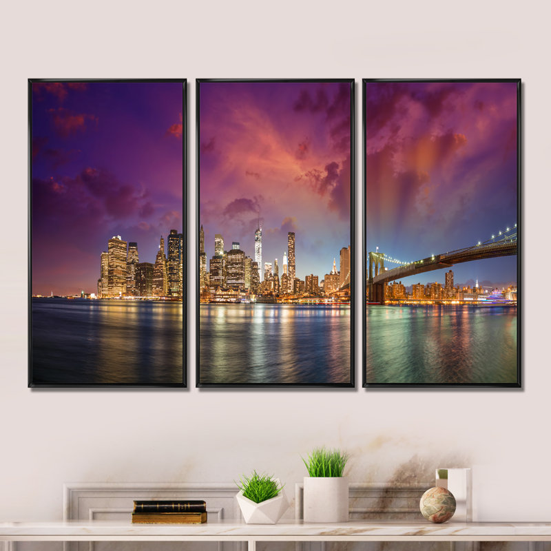 New York Manhattan, ensemble de 3 toiles d'art encadrées sur toile, H 28 po x l 36 po x P 1 po, Cadre noir
