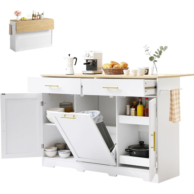 Kitchen Island With Storage On Wheels, Portable Island Table For Kitchen W/drop Leaf & Power Outlet, Rolling Island Cart W/trash Storage Cabinet, Drawers, Spice Towel Rack And Hooks