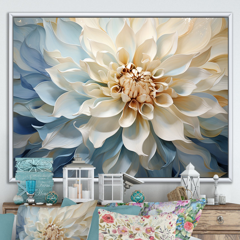 Blanc et bleu fleur de dahlia minimalisme - art mural dahlia, H 12 po x l 20 po x P 1 po, Cadre flottant blanc