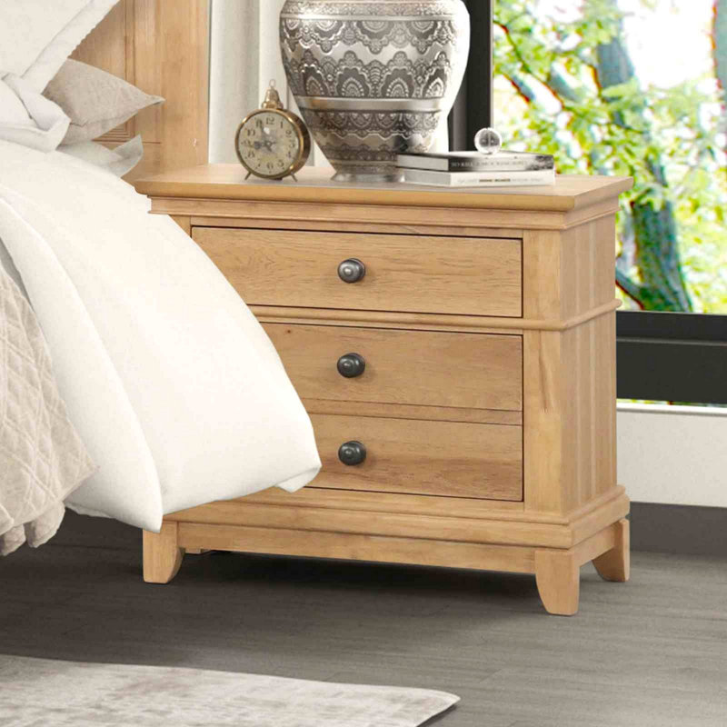 Table de chevet avec rangement à 3 tiroirs de style ferme en chêne naturel couleur chêne massif 1 pièce