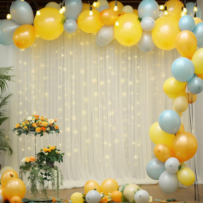 10x10ft Ivory Tulle Backdrop Curtain with Lights String for Parites