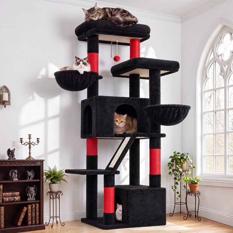 Arbre à chat de 175 cm pour 2 à 3 grands chats, tour à plusieurs niveaux avec niches, hamac et griffoir intégré pour une escalade facile, style gothique