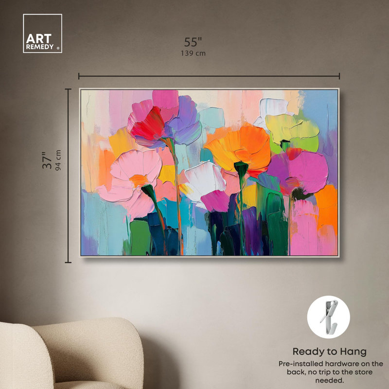 Art, art floral et art abstrait, H 36 po x l 54 po, Cadre argenté