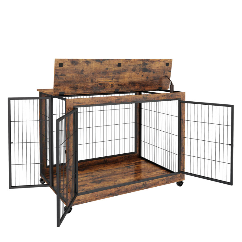 Table d'appoint pour chien sur roulettes avec portes doubles et plateau relevable, Brun, H 31,1 po x l 43,7 po x P 30 po
