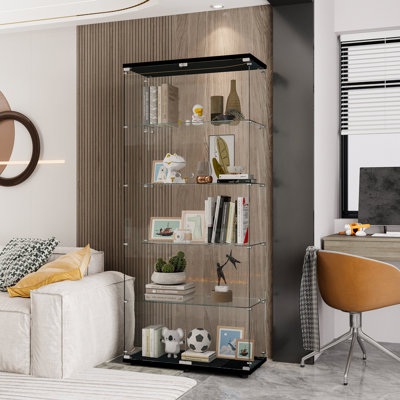 Vitrine en verre avec porte double à 5 tablettes, armoires pour le salon, la chambre à coucher, le bureau, la bibliothèque en verre au sol, installation rapide
