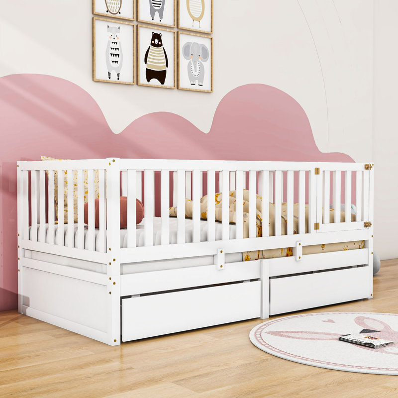 Wooden Floor Bed with Guardrails and 2 Drawers, White, Twin
