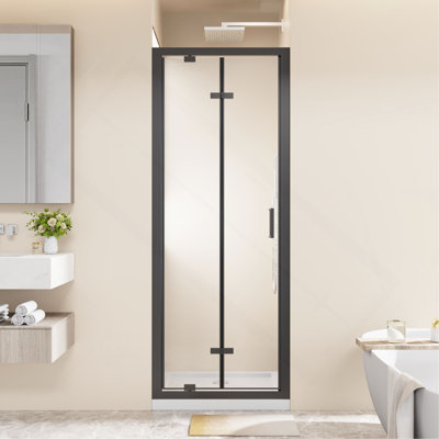 Cabine de douche pliante à cadre pivotante à double porte pliante, verre trempé transparent de 1/4 po avec poignée en acier inoxydable, installation réversible, noir