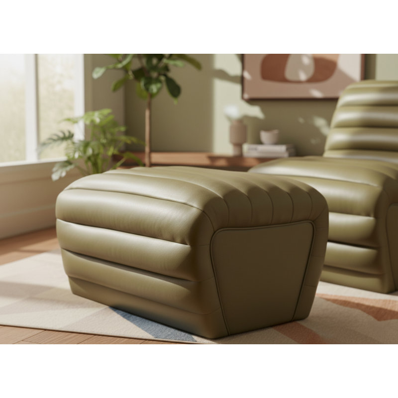 Vega Leather Ottoman, Olive Vegan Leather