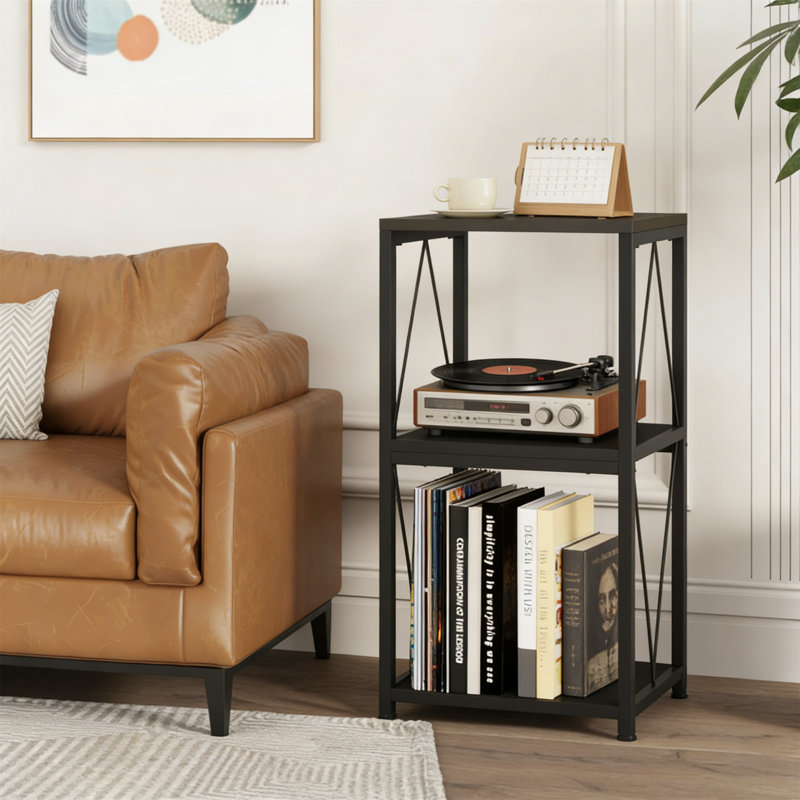 Support pour tourne-disque à 3 niveaux avec rangement en vinyle, support pour tourne-disque et table de bout, noir