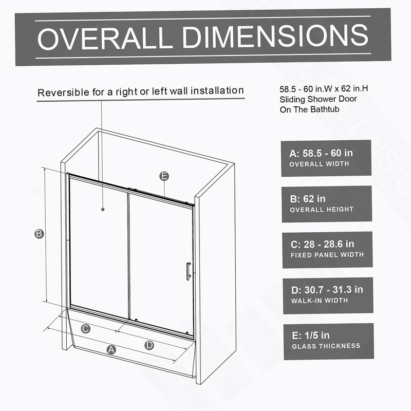 60.In W X 62.In H Single Sliding Shower Door For Bathtub, 1/5 Inch Thick Clear Tempered Glass Shower Door With Stainless Steel Handle