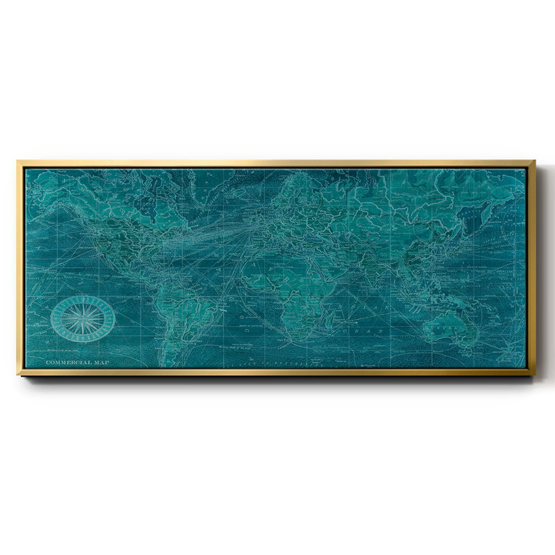 Carte du monde azur - toile encadrée, Or, H 24 po x l 60 po x P 1,5 po