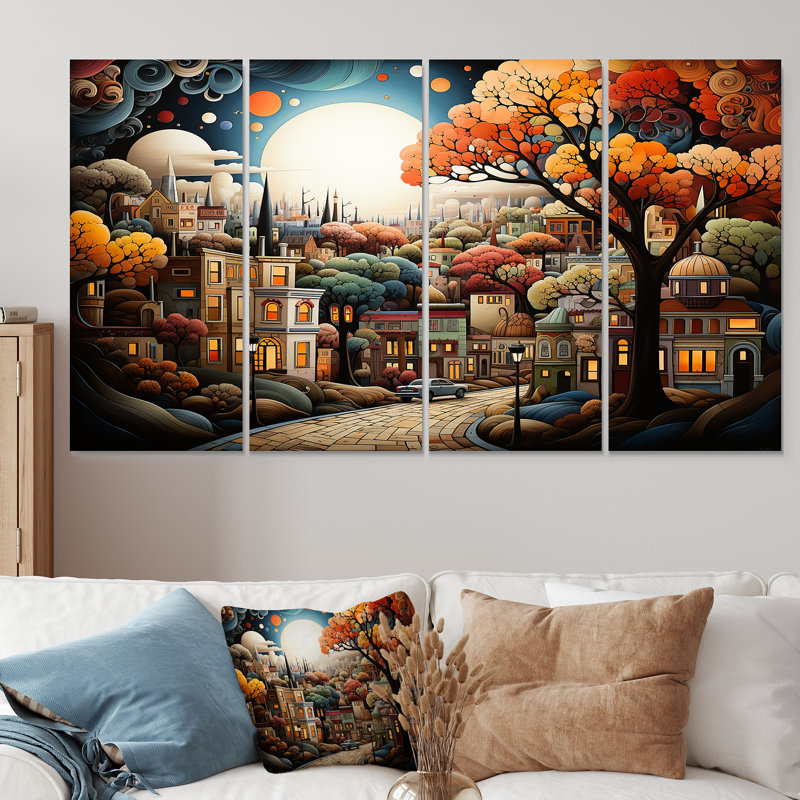 Cozy village in Autumn Moonlit II - City Art Deco, ensemble d'art mural 4 pièces, H 28 po x l 48 po