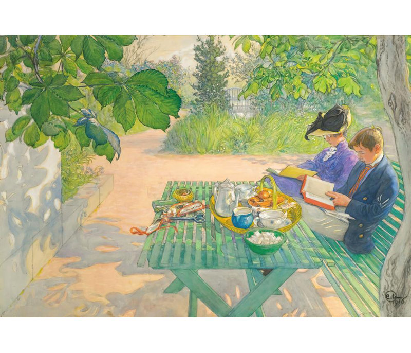 «Holiday Reading» par Carl Larsson - Art mural sur toile tendue avec châssis, H 18 po x l 14 po