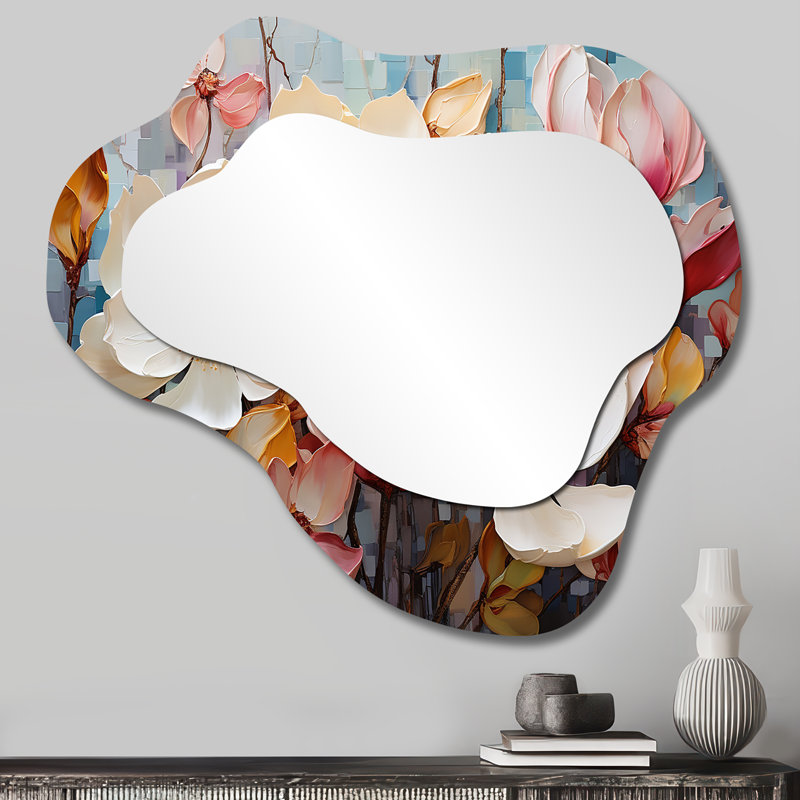 White Pink Magnolias Magnolia Symphony II - Magnolias Irregular Shape Large Mirror, Traditional Asymmetrical Decorative Wall Mirror, Printed Metal Art