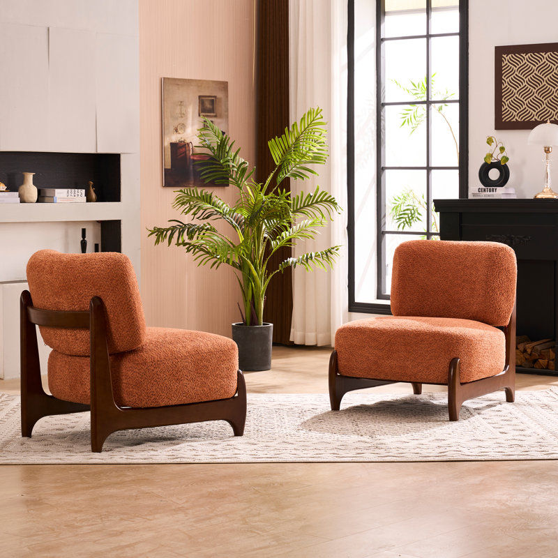 30"W Boucle Armless Upholstered Accent Chair With Solid Wood Leg, Orange