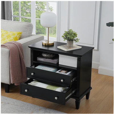 Table de chevet à aire ouverte et 2 tiroirs avec station de charge avec station de charge, table d'appoint de style campagnard avec port USB et prise de courant, table d'appoint avec colonne à rainure, table d'appoint de chambre à pieds en bois