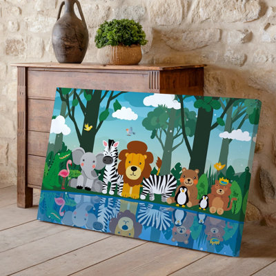 Canvas A Vibrant And Playful Illustration Featuring A Variety Of Cute Wall Art Cartoon Style Animals In A Lush Jungle Setting With A Canvas Wall Art