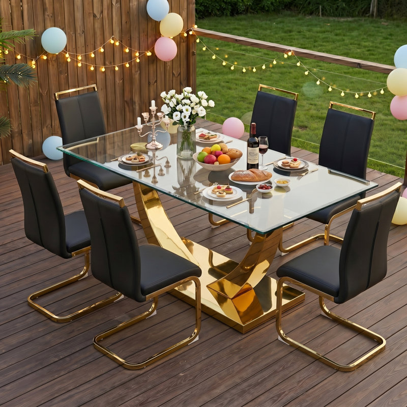 Ensemble de salle à manger 7 pièces rectangulaire moderne en verre trempé avec base en métal et chaises en porte-à-faux en similicuir