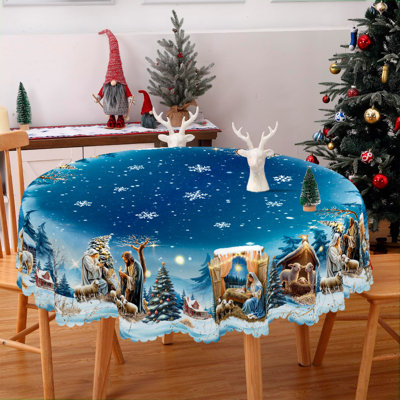 1 nappe ronde / rectangulaire en polyester de 1 pièce, nappe de Noël avec pin, bonhomme de neige, camion, bord embosé, décorations de Noël pour table à manger, décoration de table de fête festive, cadeau de fête parfait