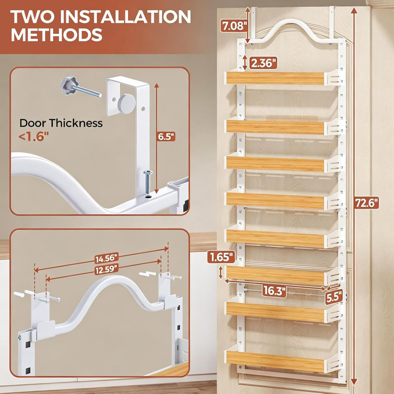 Rangement à 8 niveaux pour garde-manger, grand support mural 2 en 1 ou au-dessus de la porte, support à épices avec paniers réglables, blanc-brun